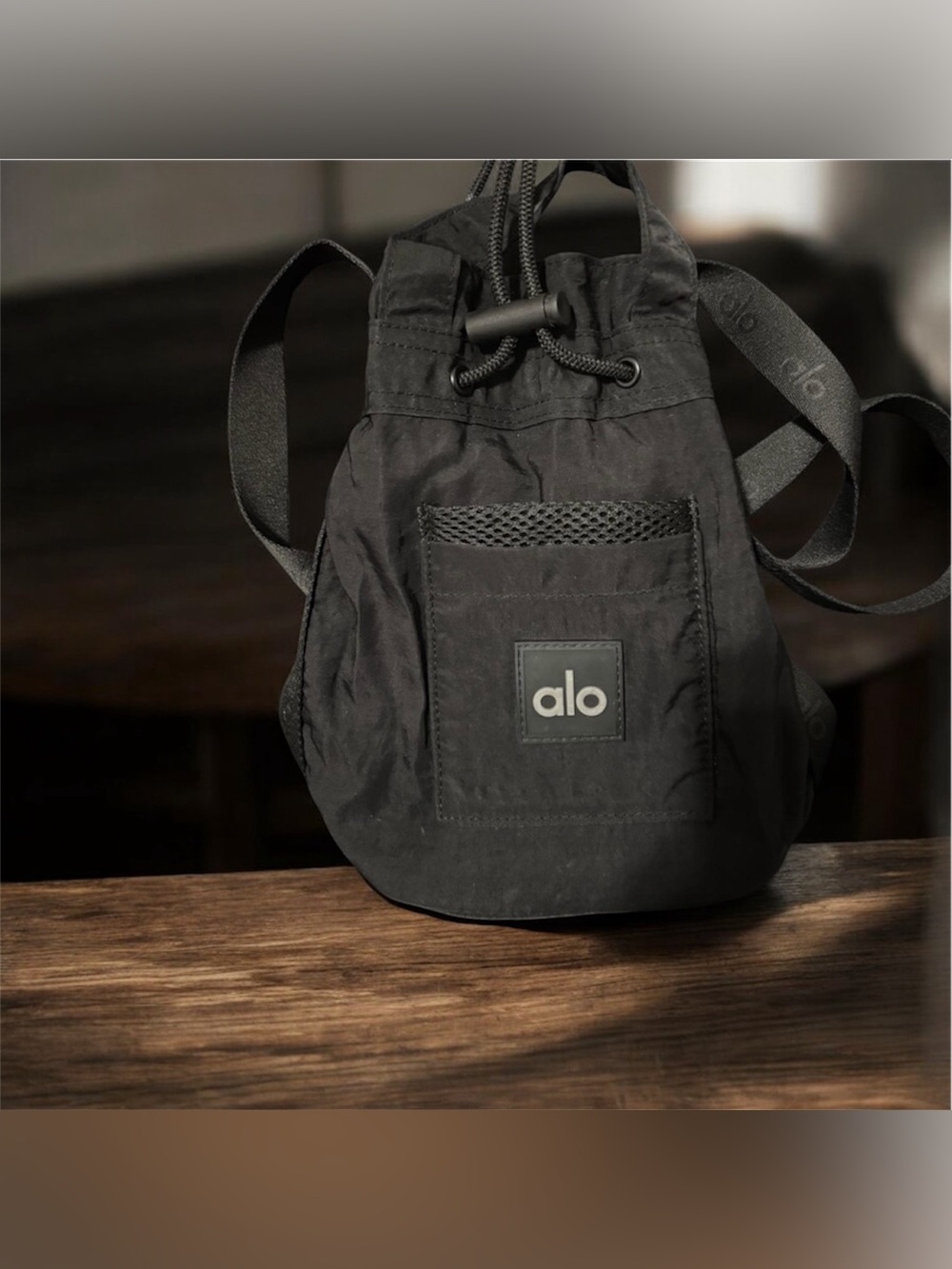 ALO Yoga Black Drawstring Mini Backpack with Front Mesh Pocket